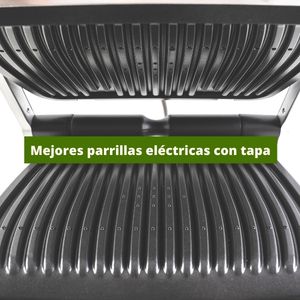 Square image and a small electric grill with cover and text on the top 3