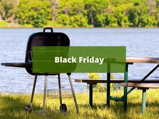 Picture of a barbecue with your grill in the field next to a river. Has overprinted the text: Black Friday.